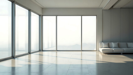 Fototapeta premium minimalist modern living room window interior design white empty room with summer landscape