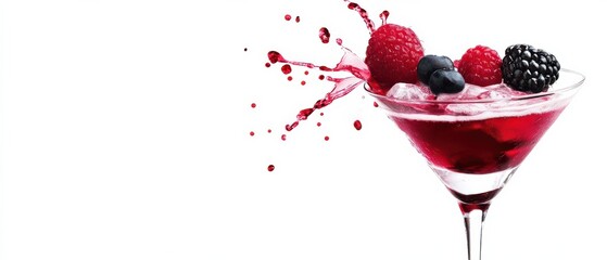Refreshing berry cocktail with splash in martini glass on white background Concept of summer drink, celebration, and healthy lifestyle