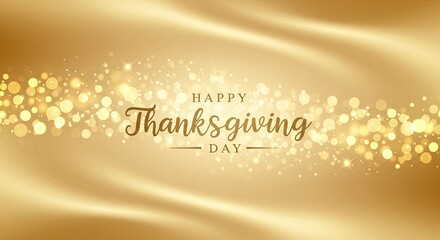 Golden happy thanksgiving day text on a luxurious golden background with pumpkins and leaves. Festive greeting message and fall decoration for holiday celebration.