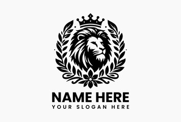 Minimalist lion head with floral crown and sleek crown design in elegant line-art vector logo, blending power and grace for premium modern branding  
