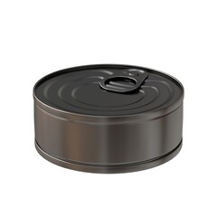 Close-up of a dark-colored canned food product with a pull tab, isolated