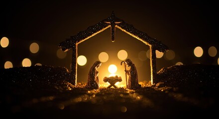 Silhouette of Mary, Joseph and baby in a nativity scene under a star with golden bokeh lights symbolizing the birth of Jesus on Christmas Day.