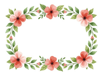 Obraz premium Pink Floral Border with Green Leaves, Transparent Background