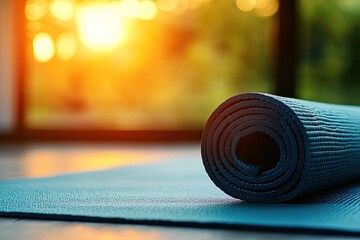Rolled yoga mat on a mat, sunset view