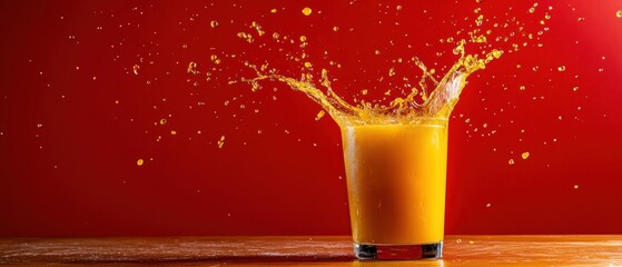 Refreshing glass of orange juice splashing with vibrant droplets against a red background, showcasing healthy breakfast and delicious citrus beverage