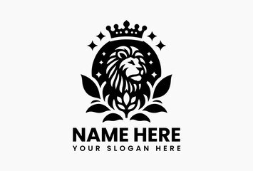 Fierce lion head with a crown of intertwined roses and thorns, heraldic vector emblem for luxury brands and elite sports teams