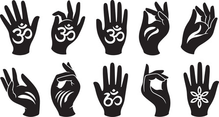 Fototapeta premium Hand Gesture Icons with Spiritual and Cultural Symbols Collection Hand Silhouette Vector for Artistic & Religious