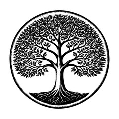 Tree of life woodcut style black and white illustration