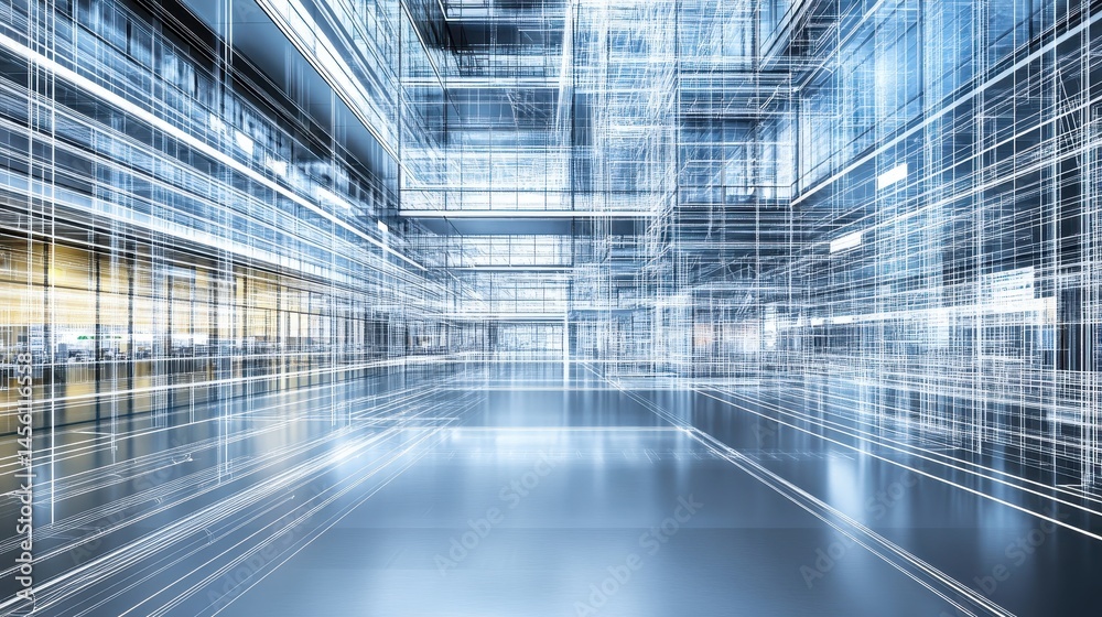 Poster futuristic grid structure with glowing lines reflecting on the surface modern technology and digital