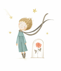 The little prince with a rose under a glass case on a white background. Stock illustration. White background.