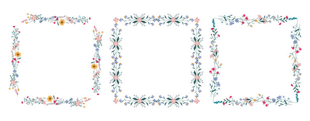 Set of square flower frames, wreaths. Floral design template. Romantic banner of celebration of tender wedding holiday. Plant is a decorative botanical border.