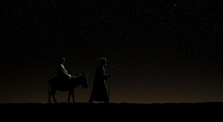 Joseph Virgin Mary on a donkey going to Bethlehem at night. Christian religious illustration, background, banner. Advent event
