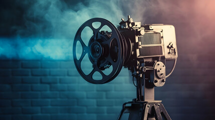 Obraz premium Nostalgic cinematic experience: vintage projector with atmospheric lighting and smoke