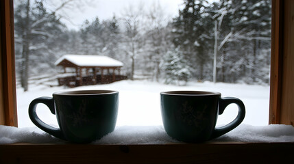 Cozy winter view with two cups of warm beverage against snowy landscape