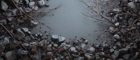 Small puddle of water surrounded by rocks and twigs outdoors.