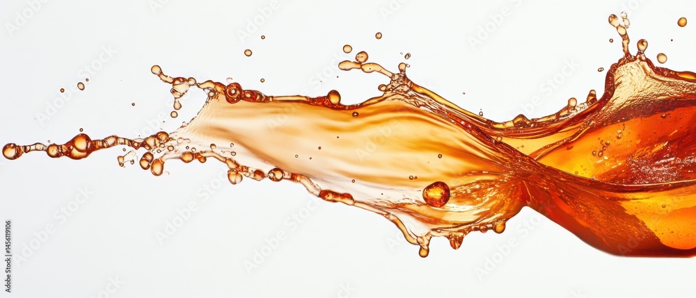 Poster dynamic splash of amber liquid, creating an abstract fluid art with droplets and motion against a cl