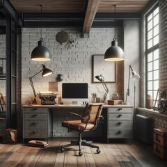 Industrial home office with a metal desk a vintage drafting chai