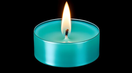 Elegant teal candle glowing brightly against a stark black backdrop in a studio setting
