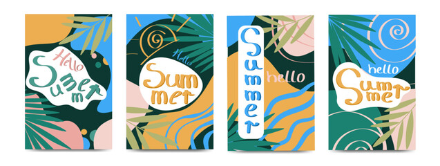 Fototapeta premium Summer greeting clipart poster set. Summer tropical leaves clip art in colorful abstract background collection for seasonal greeting card vector illustration.