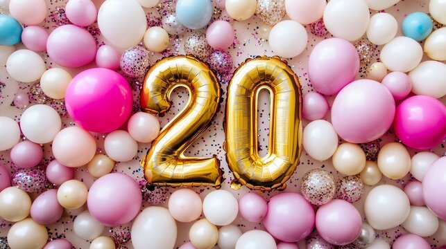 Golden Number 20 Balloon, Surrounded By Festive Balloons And Confetti On A Pink Pastel Background