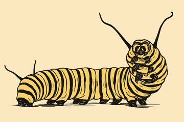 Crawling Striped Caterpillar Illustration with Antennae on Light Beige Background