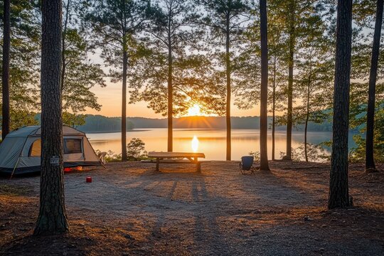 Fototapeta Georgia Lake. Red Top Mountain State Park Camping Grounds at Dawn