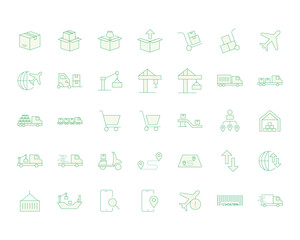 A collection of editable vector icons representing logistics, shipping, delivery, warehouse, packaging, freight transport, air cargo, truck delivery, barcode, GPS tracking, and supply chain management