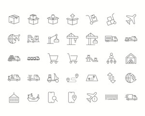 A collection of editable vector icons representing logistics, shipping, delivery, warehouse, packaging, freight transport, air cargo, truck delivery, barcode, GPS tracking, and supply chain management