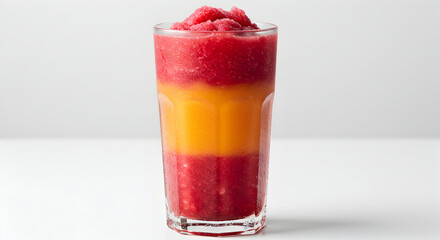 Refreshing Layered Fruit Slushie In Glass On White Backdrop Studio Shot