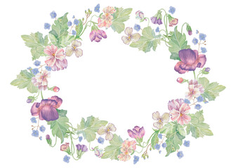 Violets flowers and forget-me-nots. Watercolor clipart illustration of round frame flower composition on white background. For invitations, postcards, business cards. Decorating cups, dishes, etc.