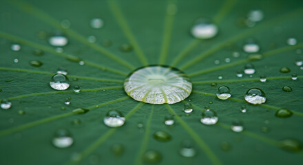 Elegant Water Droplets Decorating A Leaf Surface In Macro Photography