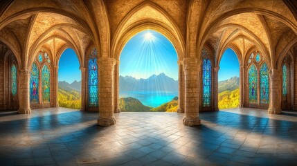 Fototapeta premium Ornate archway with distant seascape viewed through stone arches and stained glass windows creating a magical scene of tranquil beauty