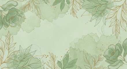 Floral Watercolor Border with Gold Accents on Pale Green