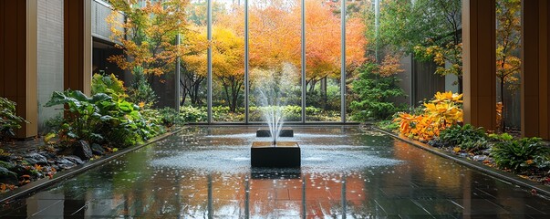 A serene reflecting pool nestled within an atrium garden, surrounded by lush greenery and architectural elegance.
