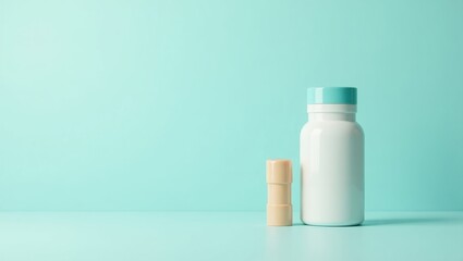 Medical bottle. White medicine bottle blue lid with wooden capsules on
