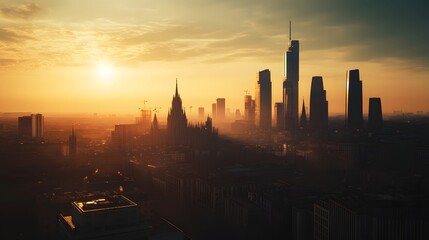 Naklejka premium The beautiful skyline of Milan at sunset, with the Duomo and modern skyscrapers casting long shadows