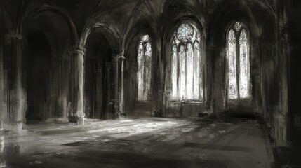 Fototapeta premium Ethereal gothic hall interior with luminous windows capturing atmosphere and mystery antique architecture historical building design