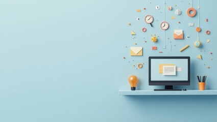 Creative layout. Modern workspace. Blue background. Digital icons. Concept illustration. Business theme. Office setup. Technology focus. Clean design. Marketing image. Remote work. Productivity boost