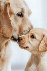 Dog mother s nose touching puppy s head