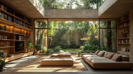 Fototapeta premium The open-plan living space features a biophilic design with hanging plants, wooden textures and large skylights, creating a serene and minimalist ambience.