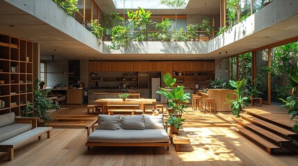 The open-plan living space features a biophilic design with hanging plants, wooden textures and large skylights, creating a serene and minimalist ambience.
