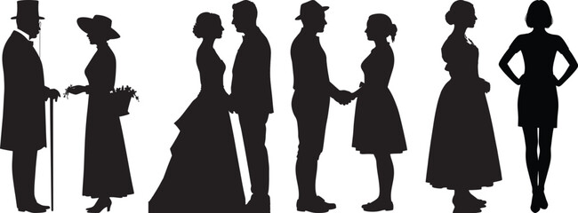 Trending collection of diverse historical and traditional costume silhouettes including potential Oktoberfest or Bavarian figures