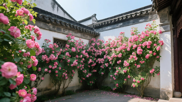 Roses bloom in ancient Chinese gardens