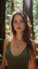 Fototapeta premium A serene portrait of a young woman in nature. Soft sunlight filters through the trees highlighting her features. A captivating moment captured in the woods. Generative AI