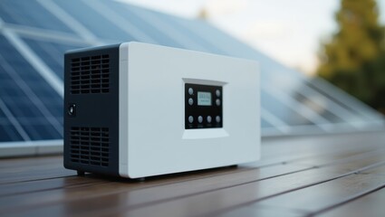 Fototapeta premium Modern inverter. Hybrid Heat pump Stand-alone power system Solar Portable sauna Pet air purifier Carbyon vivosun Puraclenz Airdoctor White device, black control panel, sus