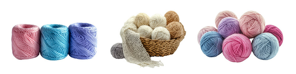 Obraz premium Collection of pastel and neutral yarn balls arranged in bundles and baskets, isolated on a transparent background.