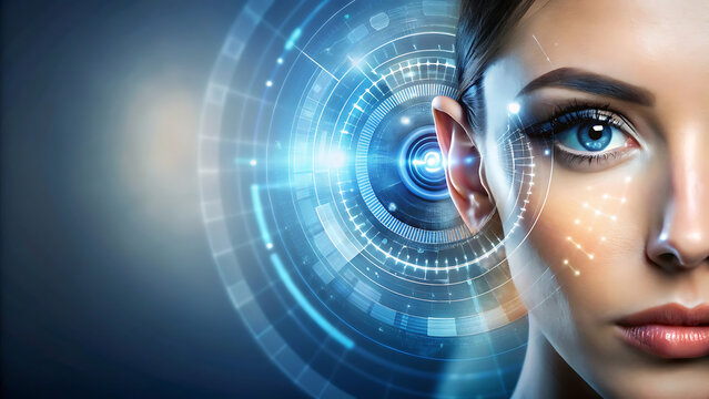 Future Woman with Cyber Technology Eye Panel Concept for Augmented Reality Vision