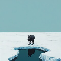 Minimalist art, a hippopotamus standing in the middle of an ice glacier