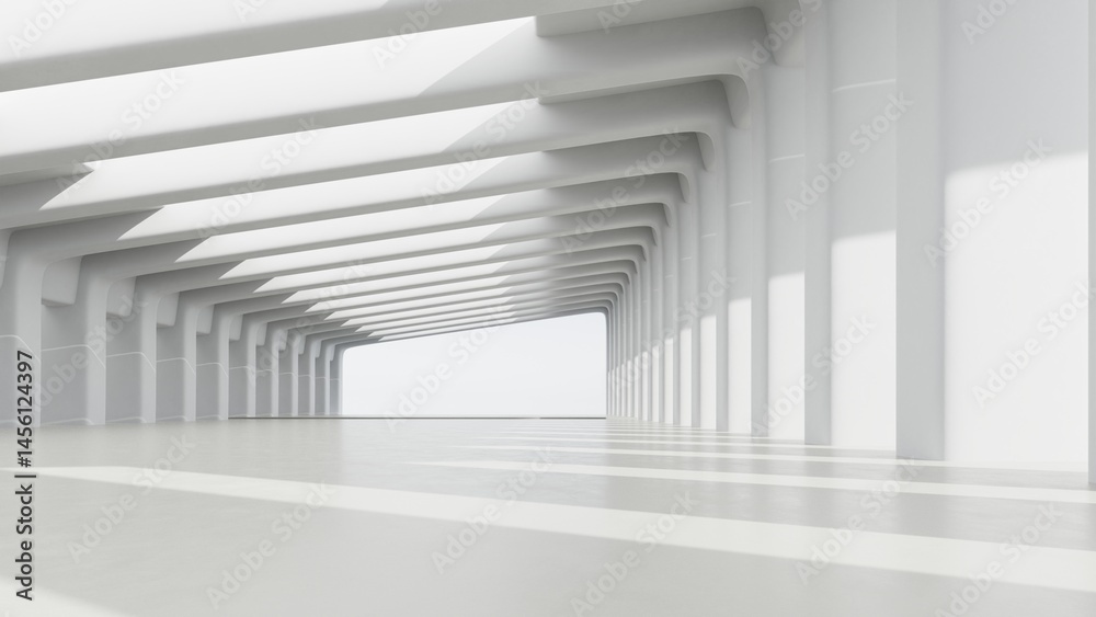 Fototapete Abstract of future architectural tunnel, Rhythm of structure design, Pattern of modern architecture, 3d rendering.