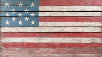 A vintage-style American flag painted on wood planks, creating a rustic and patriotic vibe, Ideal for use in decorations, marketing materials, or as a backdrop for events celebrating national pride,